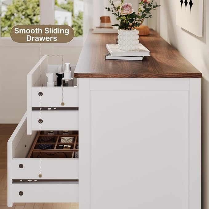 Gizoon Dresser for Bedroom Set of 2, Include 6 Drawer Dresser & 7 Chest of Drawers, White Finish with Rustic Wood Top, with Metal Pull Handles, Anti-Tip Design, Modern Bedroom Furniture Set