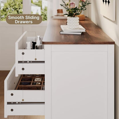 Gizoon Dresser for Bedroom Set of 2, Include 6 Drawer Dresser & 7 Chest of Drawers, White Finish with Rustic Wood Top, with Metal Pull Handles, Anti-Tip Design, Modern Bedroom Furniture Set