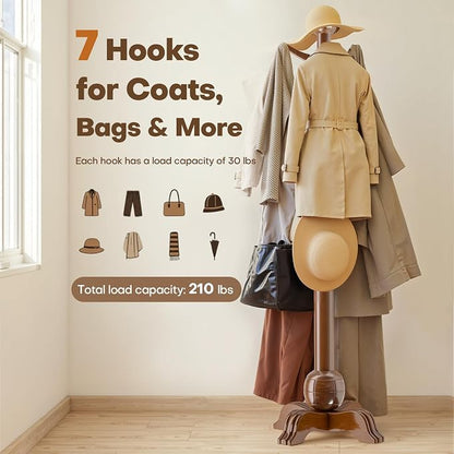 Hall Tree, Freestanding Wood Tree Rack with 7 Hooks, Coat Rack with Stable Sphere Base, Wooden Coat Rack Stand, Load 210 lb, Coat Hanger Stand for Entryway, Hallway, Bedroom, H:72 in, Walnut