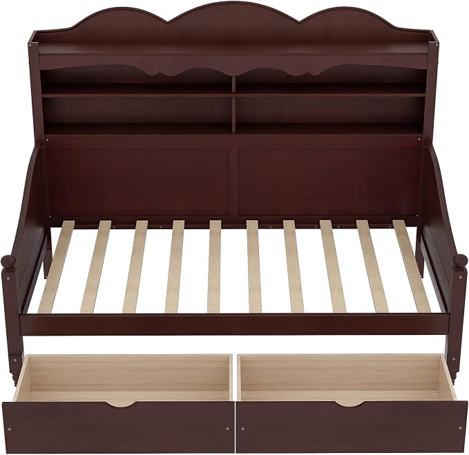 Merax Twin Daybed with Storage Drawers, Wood Twin Day Bed with 3-Tier Storage Headboard Shelves, Retro Style Twin-Size Daybed for Bedroom Guest Room, No Box Spring Needed, Easy Assembly, Espresso