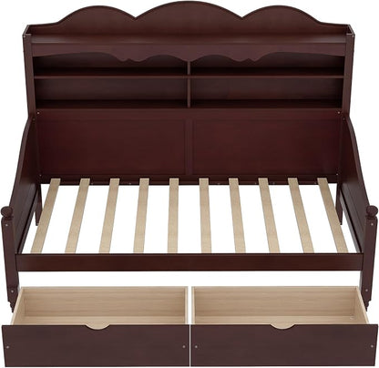 Merax Twin Daybed with Storage Drawers, Wood Twin Day Bed with 3-Tier Storage Headboard Shelves, Retro Style Twin-Size Daybed for Bedroom Guest Room, No Box Spring Needed, Easy Assembly, Espresso