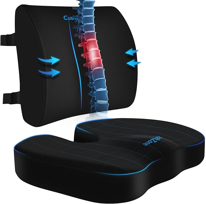 CushZone Ergonomic Seat Cushion & Lumbar Support Pillow - Memory Foam for Sciatica Pain Relief & Posture Correction, Non-Slip Chair Cushions for Office Chair/Car/Wheelchair/Travel (Black)