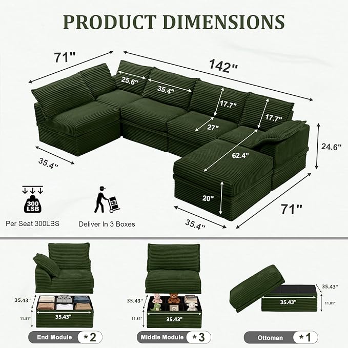 Upgrade Boneless Couch with Storage, Extra Deep&High Seat Modular Sectional Sofa 5 Seater U Shaped Couch with Ottoman, Tool-Free Assembly Sectional Couches for Living Room