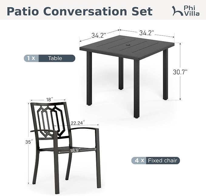 PHI VILLA 5 Piece Metal Outdoor Table and Chairs, 34.2" Metal Square Table with Umbrella Hole & Stackable Wrought Iron Chairs, All Weather Large Furniture Set for Patio, Deck, Backyard, Porch - Black