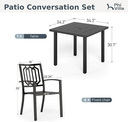 PHI VILLA 5 Piece Metal Outdoor Table and Chairs, 34.2" Metal Square Table with Umbrella Hole & Stackable Wrought Iron Chairs, All Weather Large Furniture Set for Patio, Deck, Backyard, Porch - Black