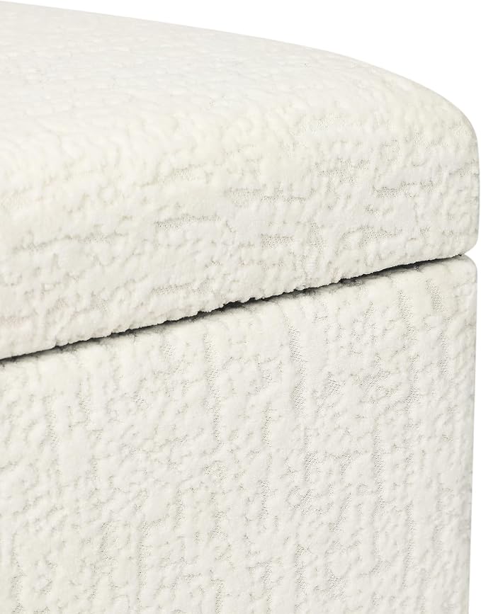 Adeco 18 Inch High Faux Fur White Cube Ottoman Storage, 3D Embossed Velvet Chair Foot Stools, Upholstered Vanity Stool with Hinged Lid, Solid Wood Legs