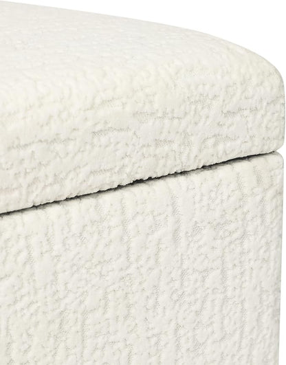 Adeco 18 Inch High Faux Fur White Cube Ottoman Storage, 3D Embossed Velvet Chair Foot Stools, Upholstered Vanity Stool with Hinged Lid, Solid Wood Legs