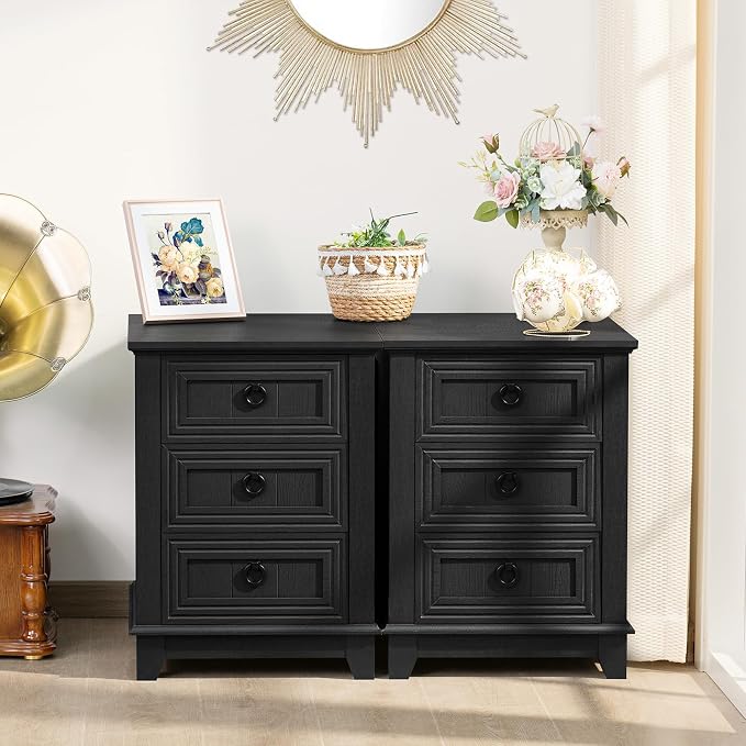 Joaxswe 18" Farmhouse Night Stand with 3 Drawers, Wood End Table Dresser for Bedroom, Black Nightstand, Bed Side Table with Metal Handle, Bedside Cabinet for Bedroom Living Room, Closet