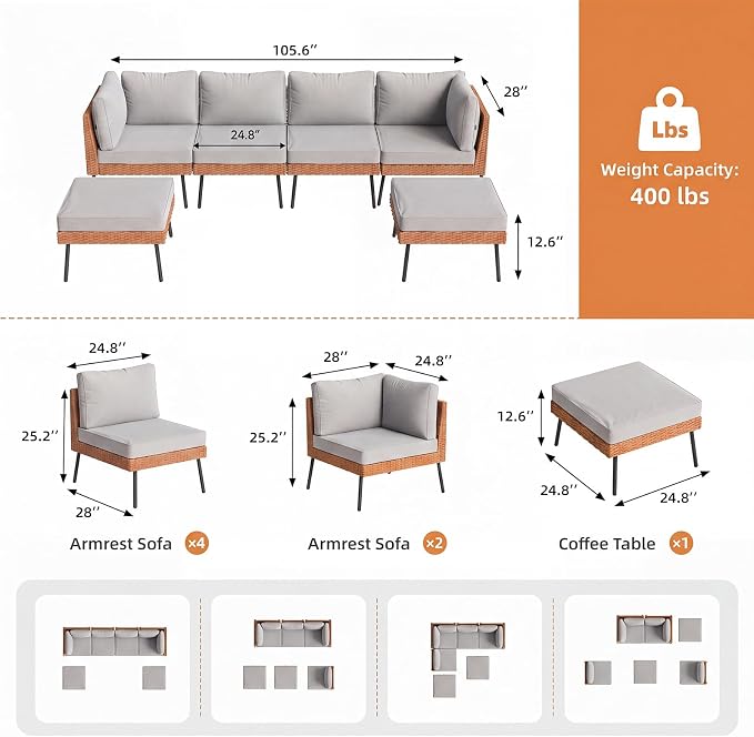 Aoxun 6-Piece Patio Furniture Set, Wicker Outdoor Furniture with Water Resistant Thick Cushions, Patio Conversation Set Outdoor Sectional Sofa with Coffee Table for Backyard Poolside, Light Grey