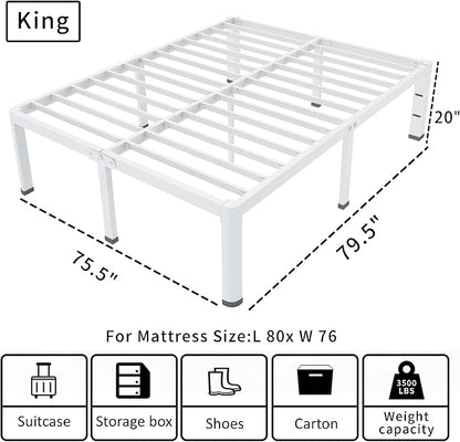 ROIL 20 Inch White King Bed Frame with Rounded Corner and Headboard Hole Mattress Retainers, 3500LBS Heavy Duty Steel Slats No Box Spring Needed Platform Noise-Free Easy Assembly