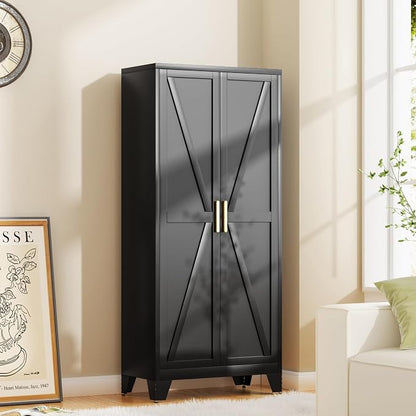 Baborokic 61H Metal Storage Cabinet with 2 Doors and Adjustable Shelves,Farmhouse Storage Cabinet with Barn Doors,Pantry Storage for Home,Office,Dining Room,Kitchen(Black)