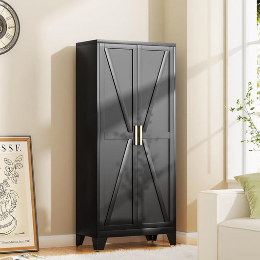 Baborokic 61H Metal Storage Cabinet with 2 Doors and Adjustable Shelves,Farmhouse Storage Cabinet with Barn Doors,Pantry Storage for Home,Office,Dining Room,Kitchen(Black)