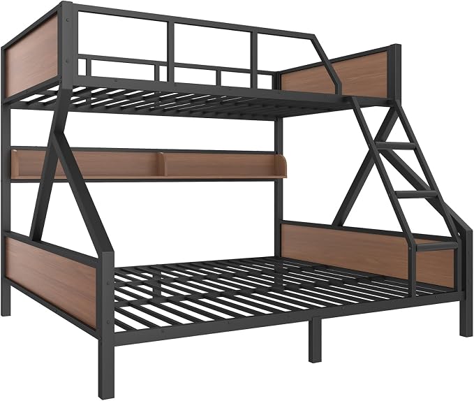KEIKI Queen Over King Bunk Bed, Heavy Duty Metal Bunkbed with Storage Shelves, Lights, Bottom Space & Guardrail for Aldults Dorm Bedroom Guest Room, No Box Spring Needed, Noise-Free Design
