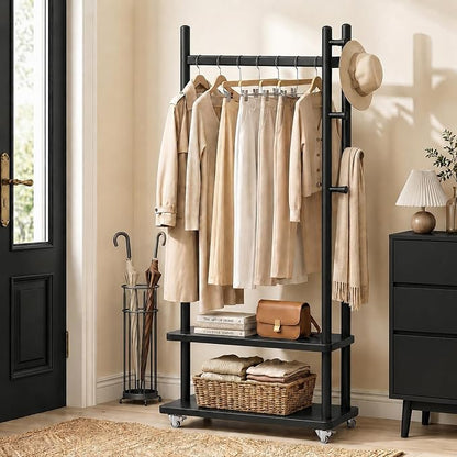 Taitiy Solid Wood Coat Rack Freestanding, Coat Rack Stand with 2 Shelves & 4 Hooks, Coat Tree for Entryway, Hallway, Bedroom, Living Room, Office - Clothing Rack for Coats, Hats, Bags (Black-L-Wheel)