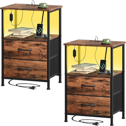 Somdot Nightstands Set of 2,End Tables with Charging Station and LED Lights,Night Stand with 2 Fabric Drawers, Bedside Table for Dorm Guest Room Bedside Kids Entryway Hallway, Wood Grain Print