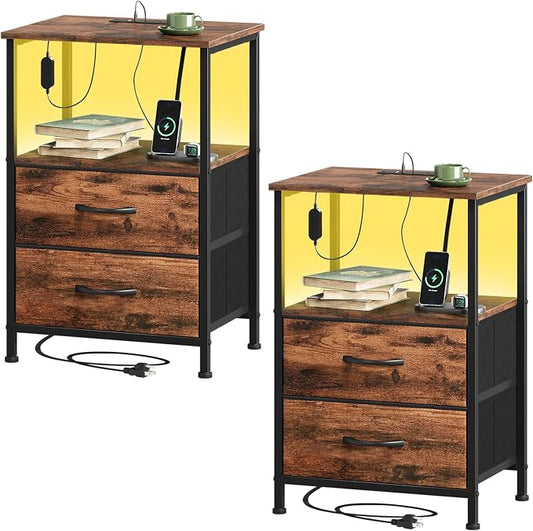 Somdot Nightstands Set of 2,End Tables with Charging Station and LED Lights,Night Stand with 2 Fabric Drawers, Bedside Table for Dorm Guest Room Bedside Kids Entryway Hallway, Wood Grain Print