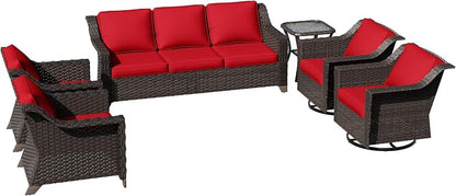 6 Pieces Patio Conversation Furniture Set - 1 Sofa, 2 Swivel Chairs, 2 Armchairs, 1 Side Table, Outdoor Wicker Furniture with Removable Cushions for Porch, Balcony, Sunroom (Red)