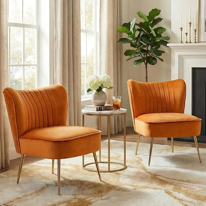 DUOMAY Modern Accent Chair Set of 2 Velvet Slipper Chair with Gold Legs Wingback Side Chair for Living Room Bedroom Entryway Small Corner Chair for Space Saving, Orange