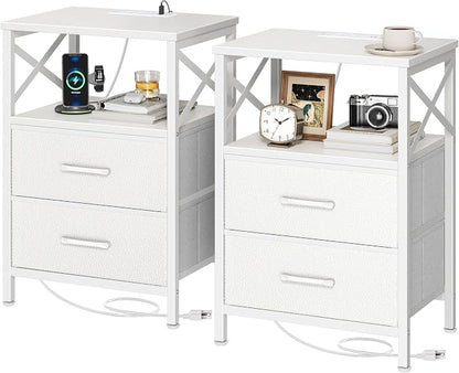 Huuger Nightstands Set of 2, Night Stand with Charger Station, 2 Drawer Side Table with Open Shelf, USB-C Port, End Table for Small Spaces, X Shaped Side Rail, White