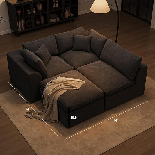 Cloud Sectional Couches for Living Room | 108 Inch L-Shaped Boneless Couch with Ottoman | Dark Grey Modular Sectionals Sofa Couch