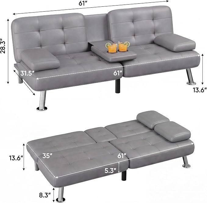 Flamaker Futon Sofa Bed Modern Folding Futon Set PU Leather Convertible Recliner Lounge for Living Room with 2 Cup Holders, Removable Armrests (PU Leather, Dark Grey)