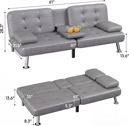 Flamaker Futon Sofa Bed Modern Folding Futon Set PU Leather Convertible Recliner Lounge for Living Room with 2 Cup Holders, Removable Armrests (PU Leather, Dark Grey)