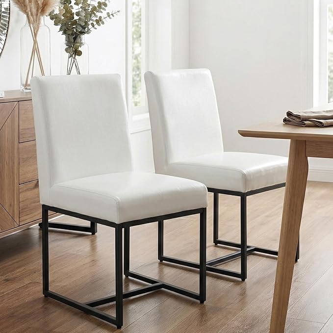 HNY Modern Dining Chairs Set of 2, Upholstered Leather Dining Room Chairs with Ergonomic Back & Metal Frame for Home, Kitchen, Apartment, White