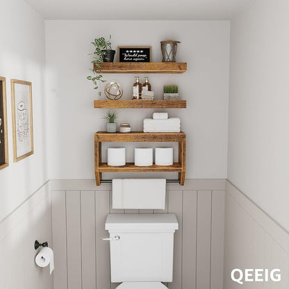 QEEIG Bathroom Floating Shelves for Wall - Shelf Over Toilet Paper Storage Farmhouse 16 inch Set of 3, Rustic Brown (028-40BN3)