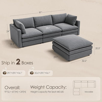 97" Cloud Couches for Living Room, 29.1" Deep Seat Modular Sectional Sofa, L Shaped Cloud Sofa with One Movable Ottoman