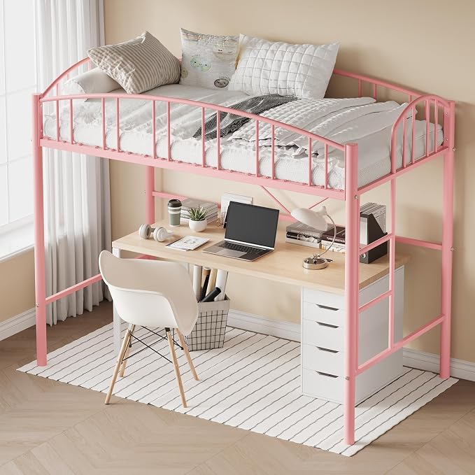GarveeHome Loft Bed Twin Size, Heavy Duty Metal Loft Bed Frame with Arched Guardrail and Safety Ladder, Space-Saving, No Box Spring Needed, Modern Pink