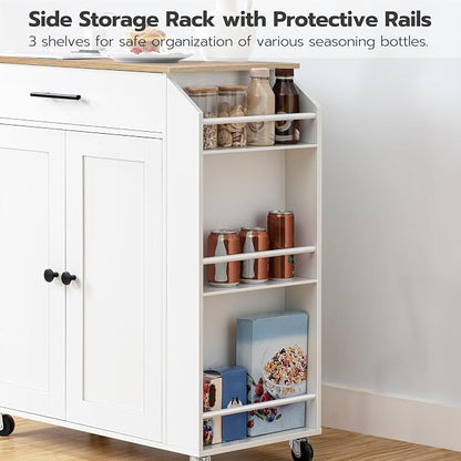 HOOBRO Kitchen Island with Power Outlet, Kitchen Storage Island with Spice Rack and Drawer, Rolling Kitchen on Wheels, for Home, Dining Room, Natural and White WN82UZD01G1