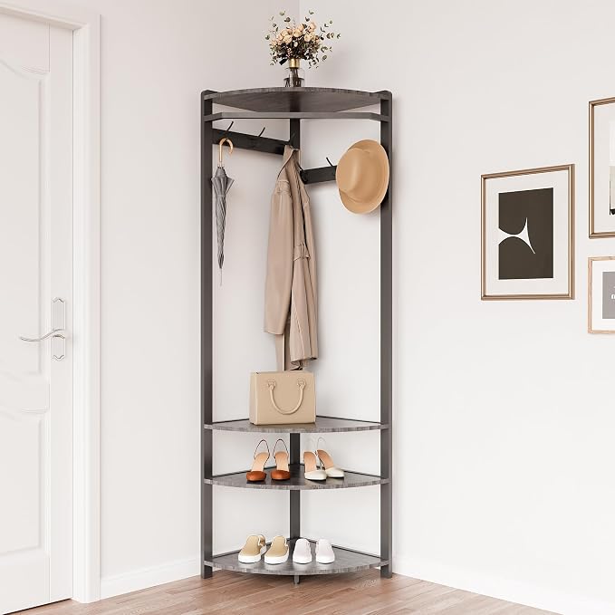 Coat Rack Freestanding with 6 Double Hooks, Shoe Bench & Storage Shelf - Freestanding Hall Tree Organizer for Entryway, Bedroom, Living Room, Space-Saving,Stone Grey