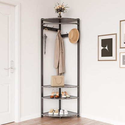Coat Rack Freestanding with 6 Double Hooks, Shoe Bench & Storage Shelf - Freestanding Hall Tree Organizer for Entryway, Bedroom, Living Room, Space-Saving,Stone Grey