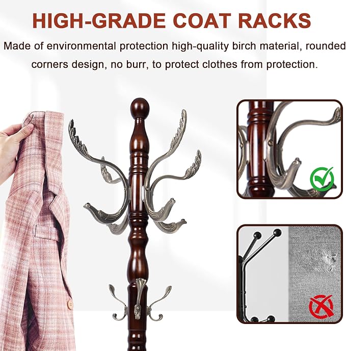 Coat Racks Freestanding, Natural Wood Coat Stands with 14 Hooks, 73" Heavy Duty Adjustable Height Vintage Hall Tree for Entryway, Bedroom, Office, Easy Assembly (Fenghuang Gou)