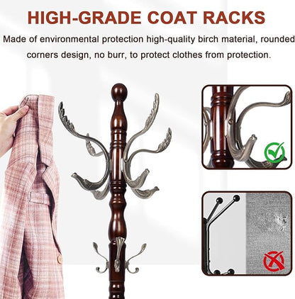Coat Racks Freestanding, Natural Wood Coat Stands with 14 Hooks, 73" Heavy Duty Adjustable Height Vintage Hall Tree for Entryway, Bedroom, Office, Easy Assembly (Fenghuang Gou)