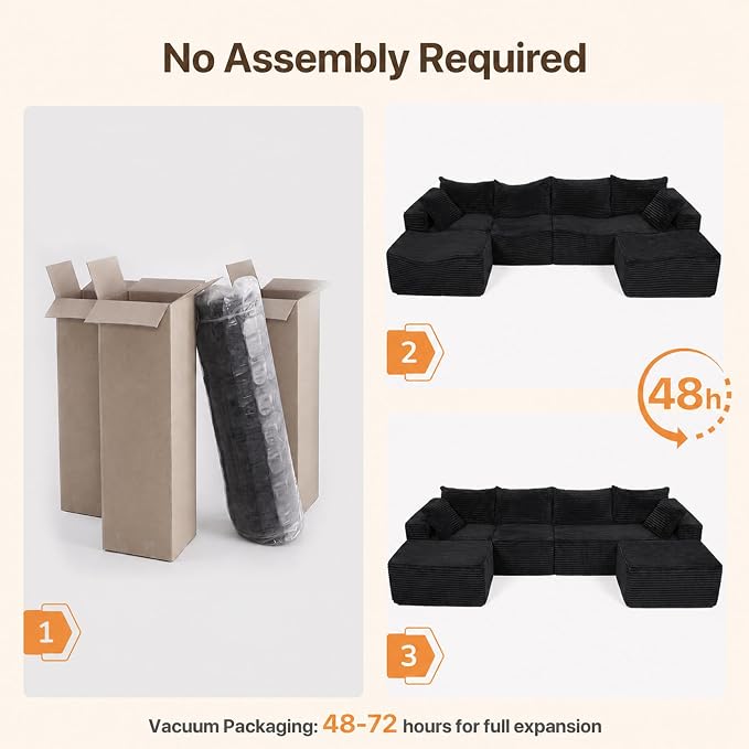 Claiks 132" Boneless Couch, Cloud Couch Sectional, U-Shape Corduroy Modular Sectional Sofa Deep Seat, Upholstered Couches for Living Room, No Assembly Required, Black