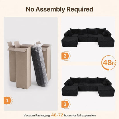 Claiks 132" Boneless Couch, Cloud Couch Sectional, U-Shape Corduroy Modular Sectional Sofa Deep Seat, Upholstered Couches for Living Room, No Assembly Required, Black
