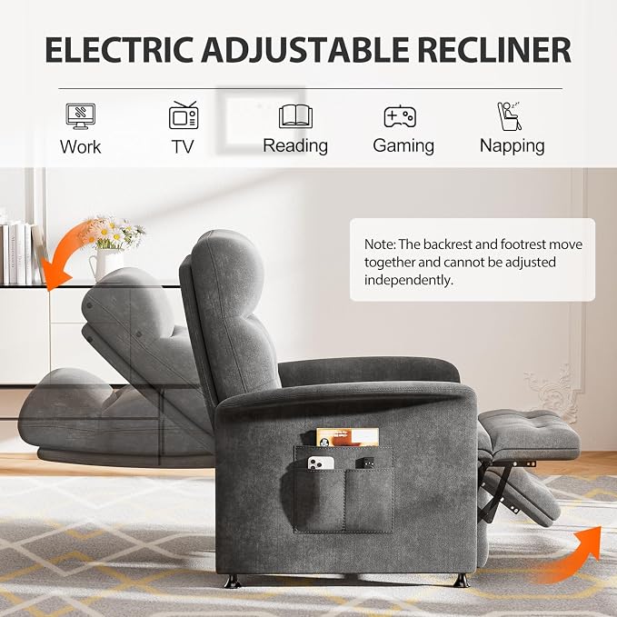 Power Recliner Chair for Adults with Heat & Massage - Soft Fabric Electric Reclining Sofa with Remote Control, 3 Side Pockets, 180° Lay Sleeper for Home Theater Living Room, Dark Grey