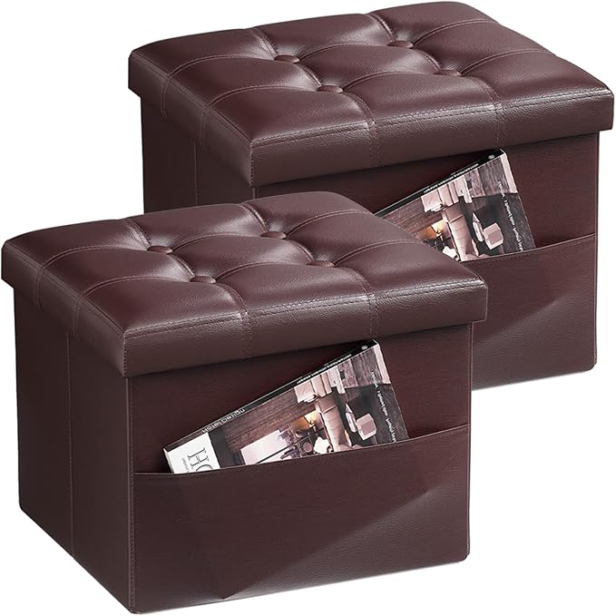 Bsketa Storage Ottoman Foot Rest Stool, Small Leather Storage Ottomans Bench, Folding Footstool with Side Pockets, Foot Rest Under Desk for Living Room Bedroom, 16x12x12 in, Brown 2 Pack