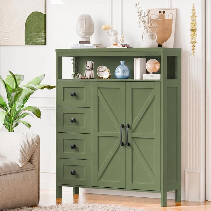 Vabches Farmhouse Storage Cabinet with 2 Doors and 4 Drawers, Freestanding Bathroom Compartment Kitchen Pantry Cabinet, Floor Cupboard for Kitchen/Living Room/Bathroom,Green