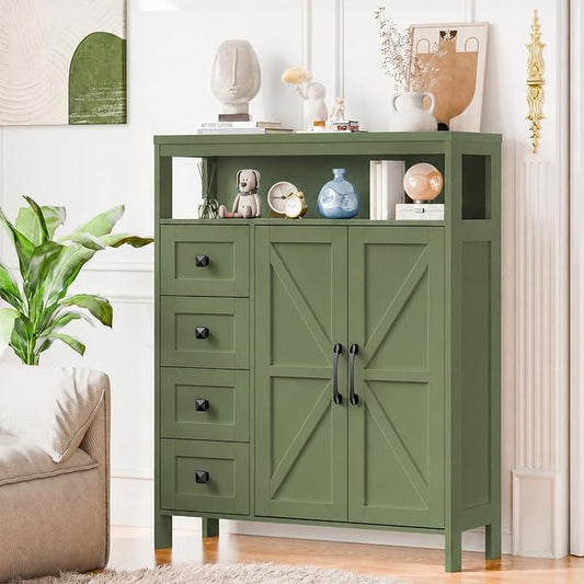 Vabches Farmhouse Storage Cabinet with 2 Doors and 4 Drawers, Freestanding Bathroom Compartment Kitchen Pantry Cabinet, Floor Cupboard for Kitchen/Living Room/Bathroom,Green