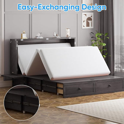 PUREMIND Murphy Bed Queen with Mattress Included, Hideaway Wallbed Cabinet Bed with 2 Storage Drawers, USB Charging Ports & Headboard, Space-Saving Chest Beds for Home, Guest Room, Gray