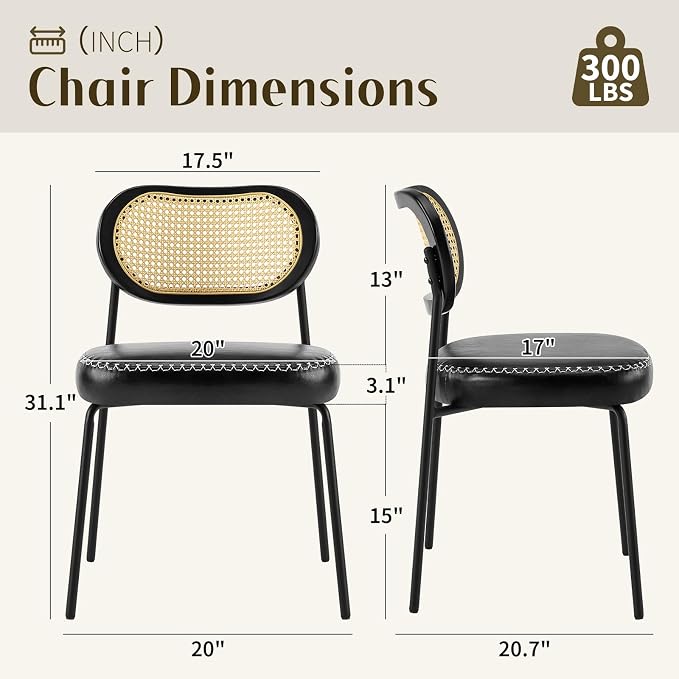 Rattan Dining Chairs Set of 2, Upholstered Dining Chairs with Handwoven Cane Back, Mid Century Modern Kitchen & Dining Room Chairs with Thick Cushion and Metal Frame, 300 lbs Capacity, Black