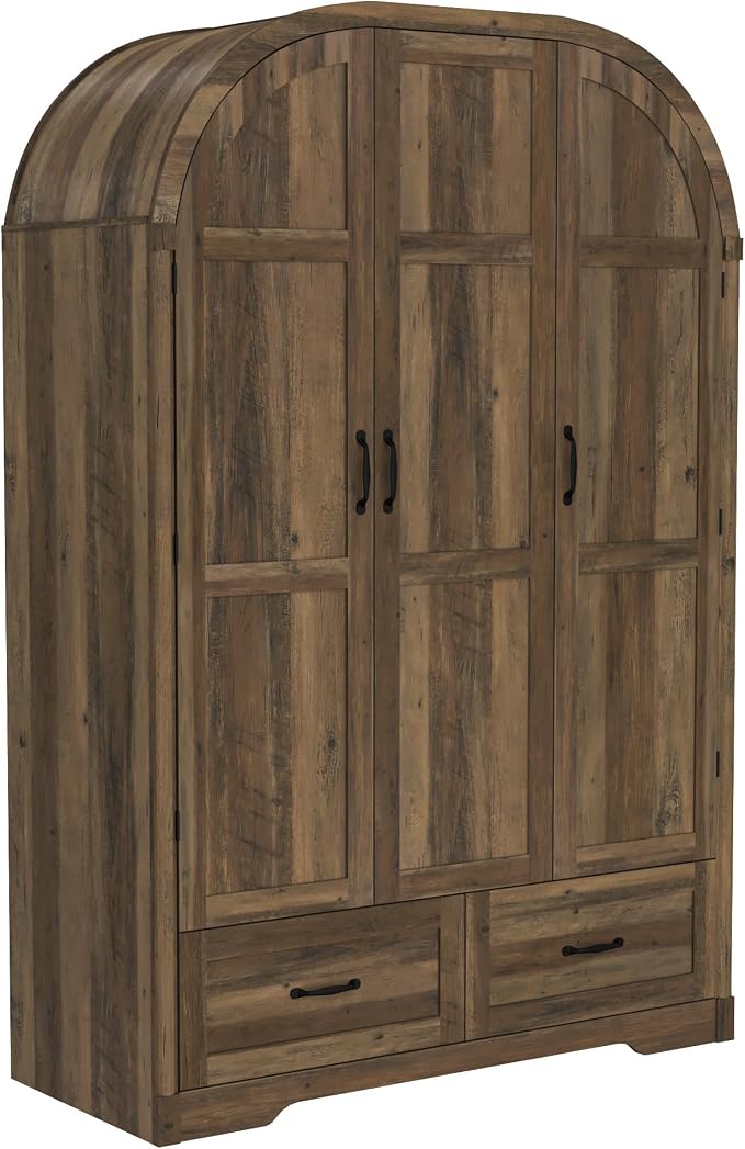 Squireewo 3 Doors Armoire Wardrobe Closet with Doors and Drawers, 71" Farmhouse Arched Wooden Wardrobe Cabinet with Mirror and Lights, Large Armoire Storage Cabinet with Shelves & Hanging Rod,Oak