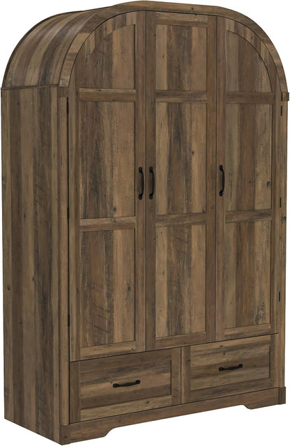 Squireewo 3 Doors Armoire Wardrobe Closet with Doors and Drawers, 71" Farmhouse Arched Wooden Wardrobe Cabinet with Mirror and Lights, Large Armoire Storage Cabinet with Shelves & Hanging Rod,Oak