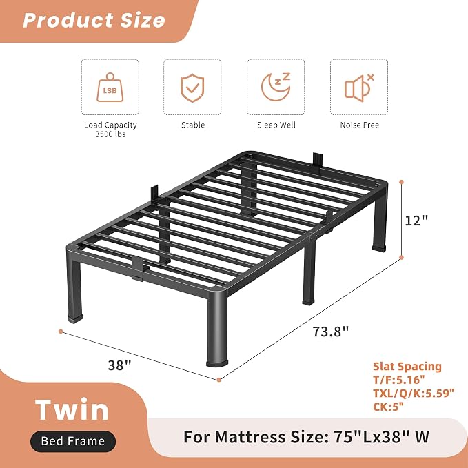 VIPSHOW 12 Inch Twin Heavy Duty 3500 lbs Bed Frame with Round-Corner Legs & Anti-Squeak Design – Quick Assembly Metal Platform, No Box Spring Needed
