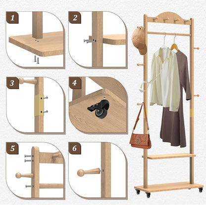 Wood Clothes Rack with Storage, 2 Shelves, 9 Hooks, Garment Rack with wheels, Coat Rack Freestanding, Clothing Rack Heavy Duty Hall Tree for Living Room Hallway,835 Natural