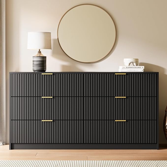 MAISONARIA 3-Piece Dresser Bedroom Set, 6 Drawer Dresser & 3 Drawer Nightstands with Gold Handles, Fluted Wood Chest of Drawers for Bedroom, Living Room, Entryway, Black