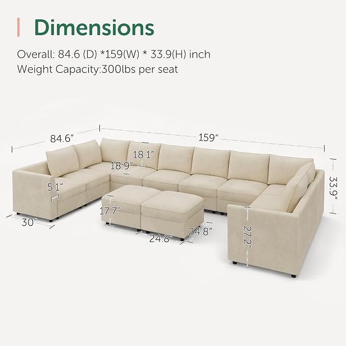 HONBAY Modular Sectional Sofa Sleeper Couch with Storage Modular Couch Convertible Couches for Living Room - Beige