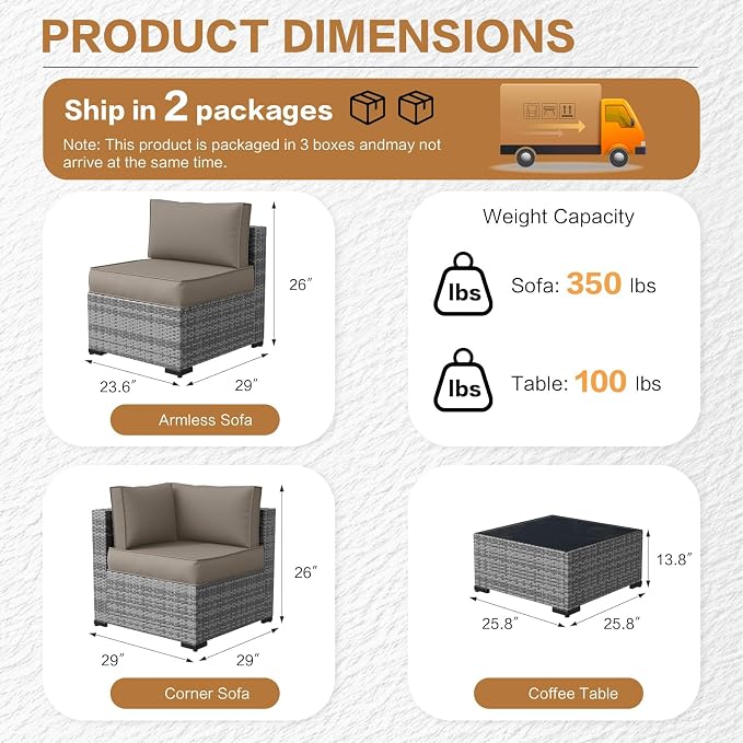 MOCHITO 5 Pieces Outdoor Patio Furniture Sets, All-Weather Sectional Sofa Grey PE Rattan Wicker Conversation Set with Glass Table and Washable Khaki Cushions for Backyard,Sunroom,Garden,Porch